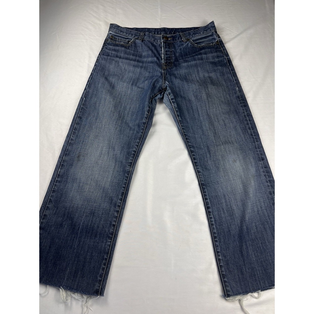 Y2K London Jean Co Button Fly Jeans Distressed Raw Hem Cropped Bootcut Womens 10